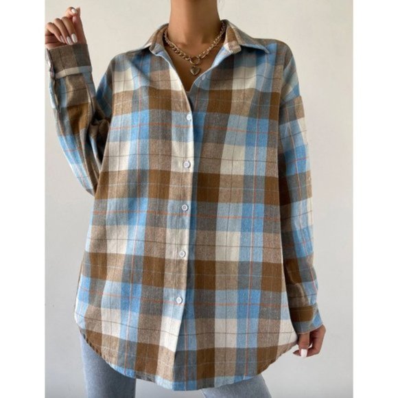 Boyfriend Drop Shoulder Plaid Blouse - Picture 3 of 6